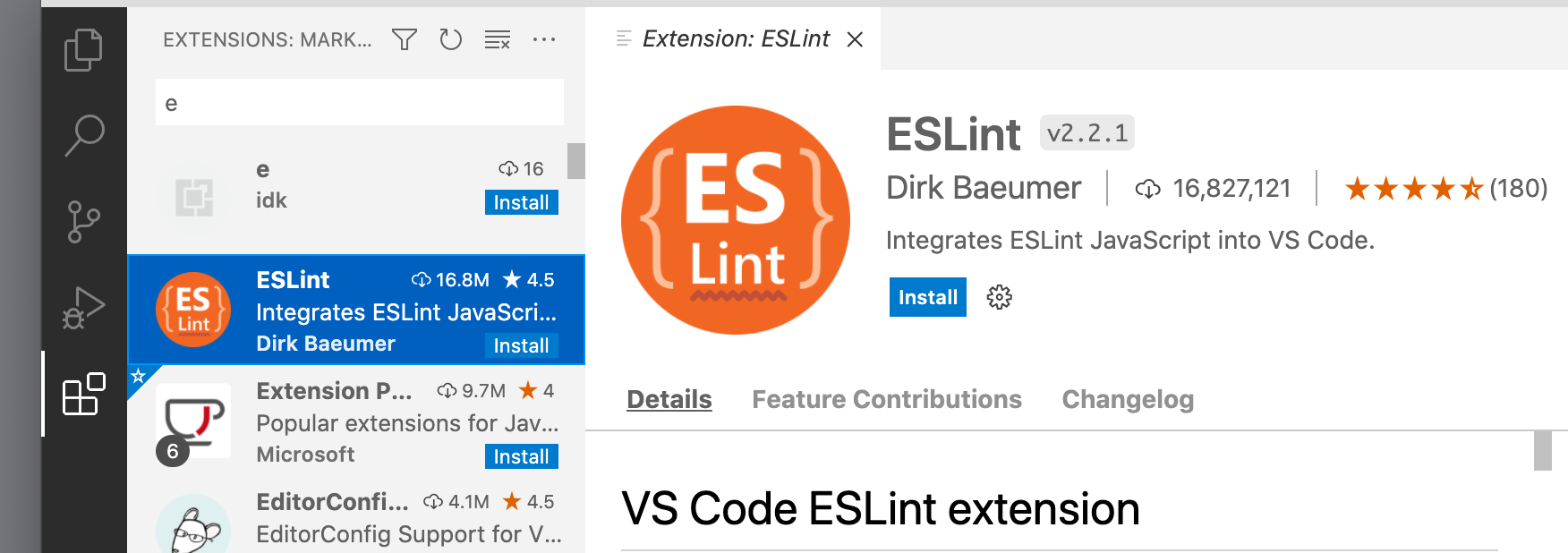 A screenshot showing the ESLint extension in Visual Studio Code