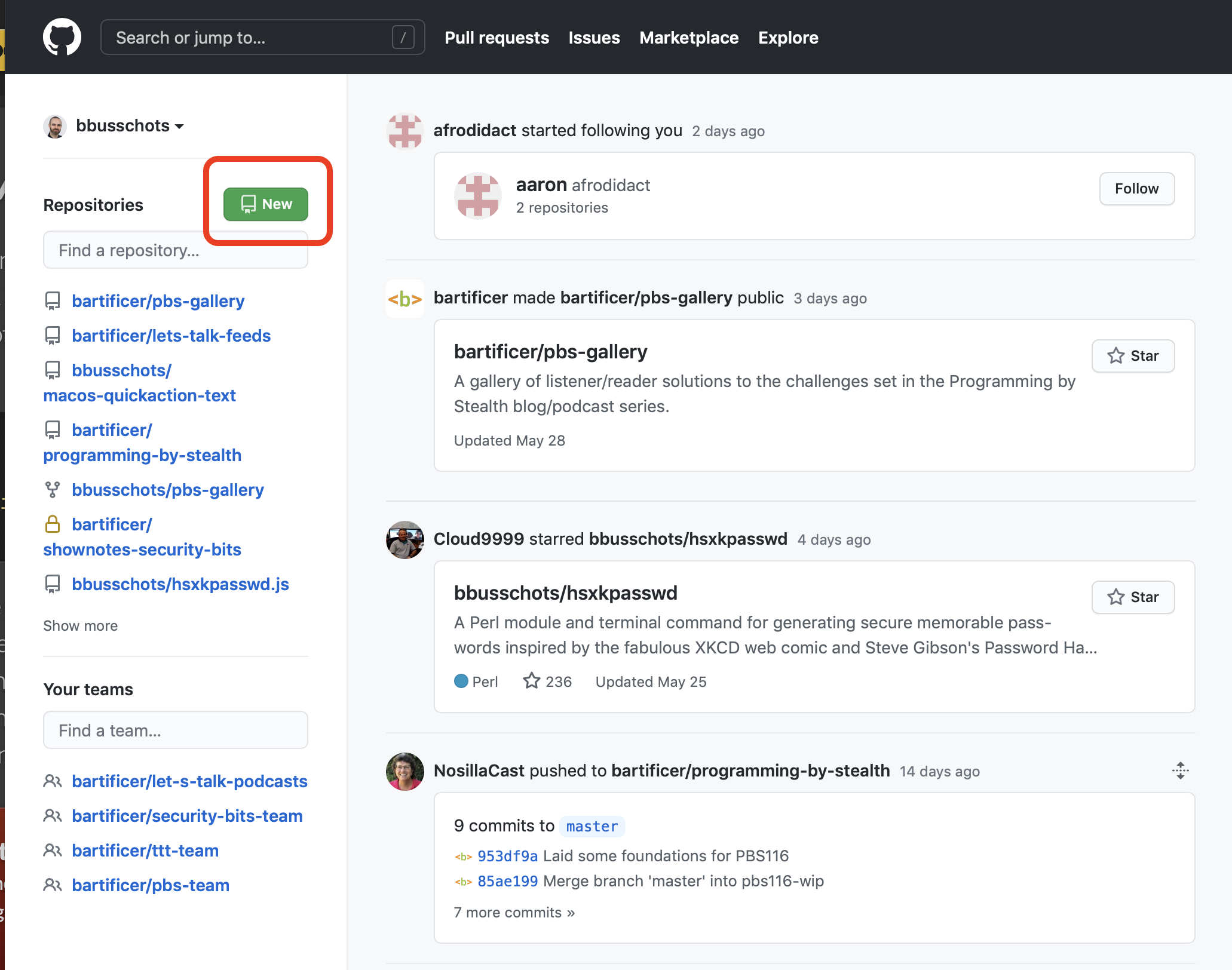 My GitHub front page showing the 'New' button