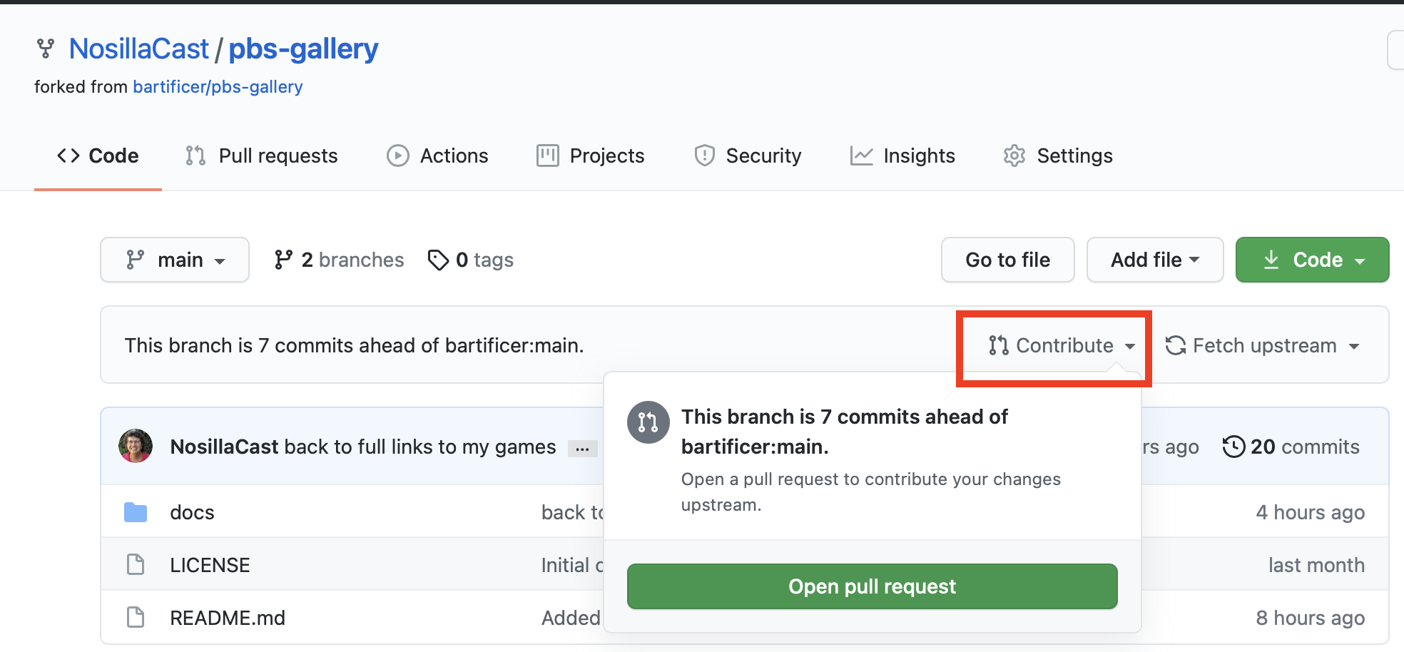 A screenshot showing the 'Contribute' button Allison clicked to reveal the 'Open pull request' button