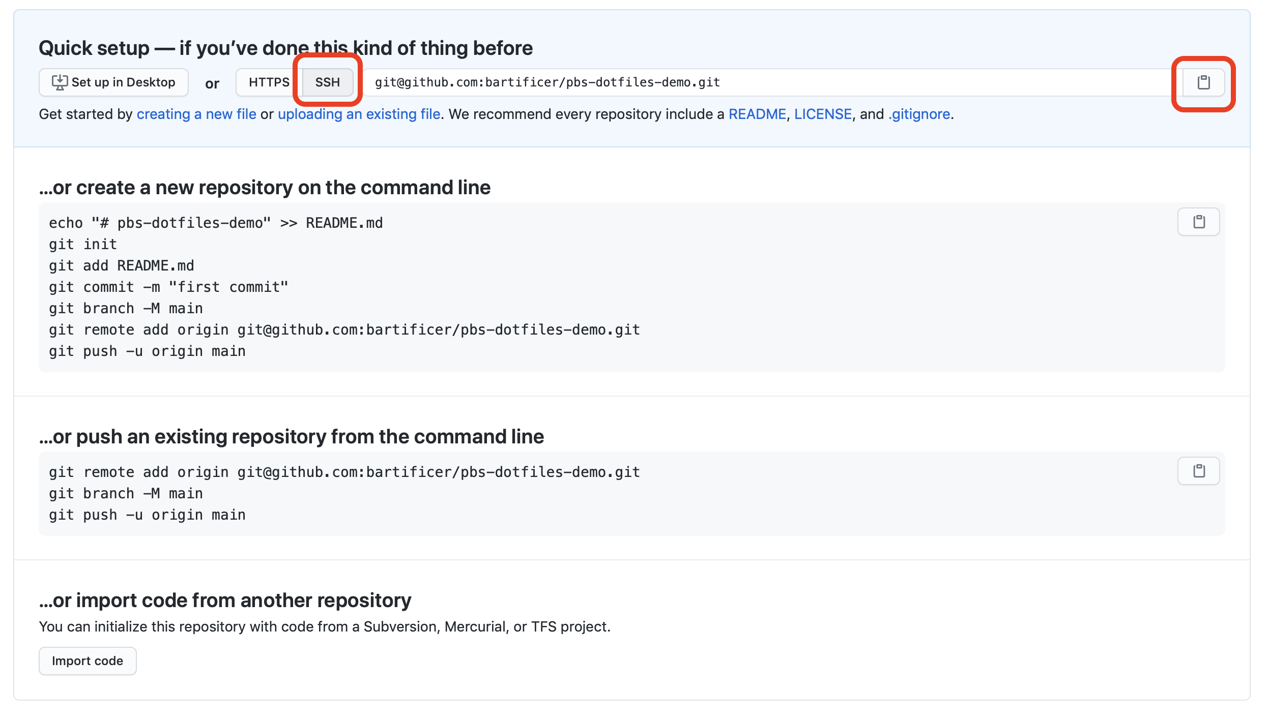A screenshot showing how to copy the URL for a new a private empty GitHub repo by being sure SSH is selected and then clicking the button to copy the URL