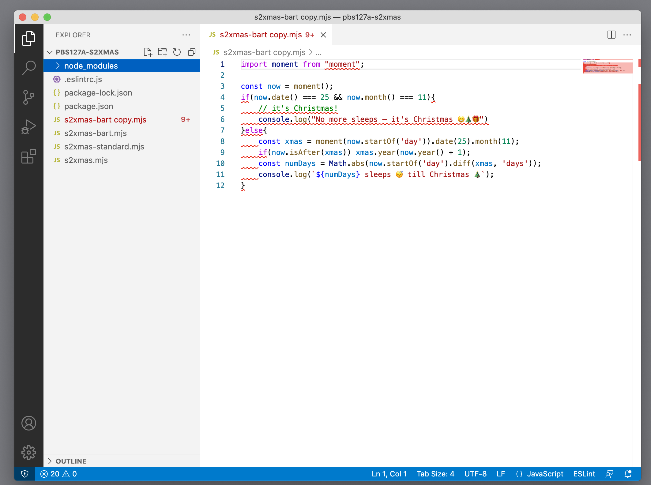 A screenshot of the Sleeps until Christmas code with wavy lines that indicate ESLint problems