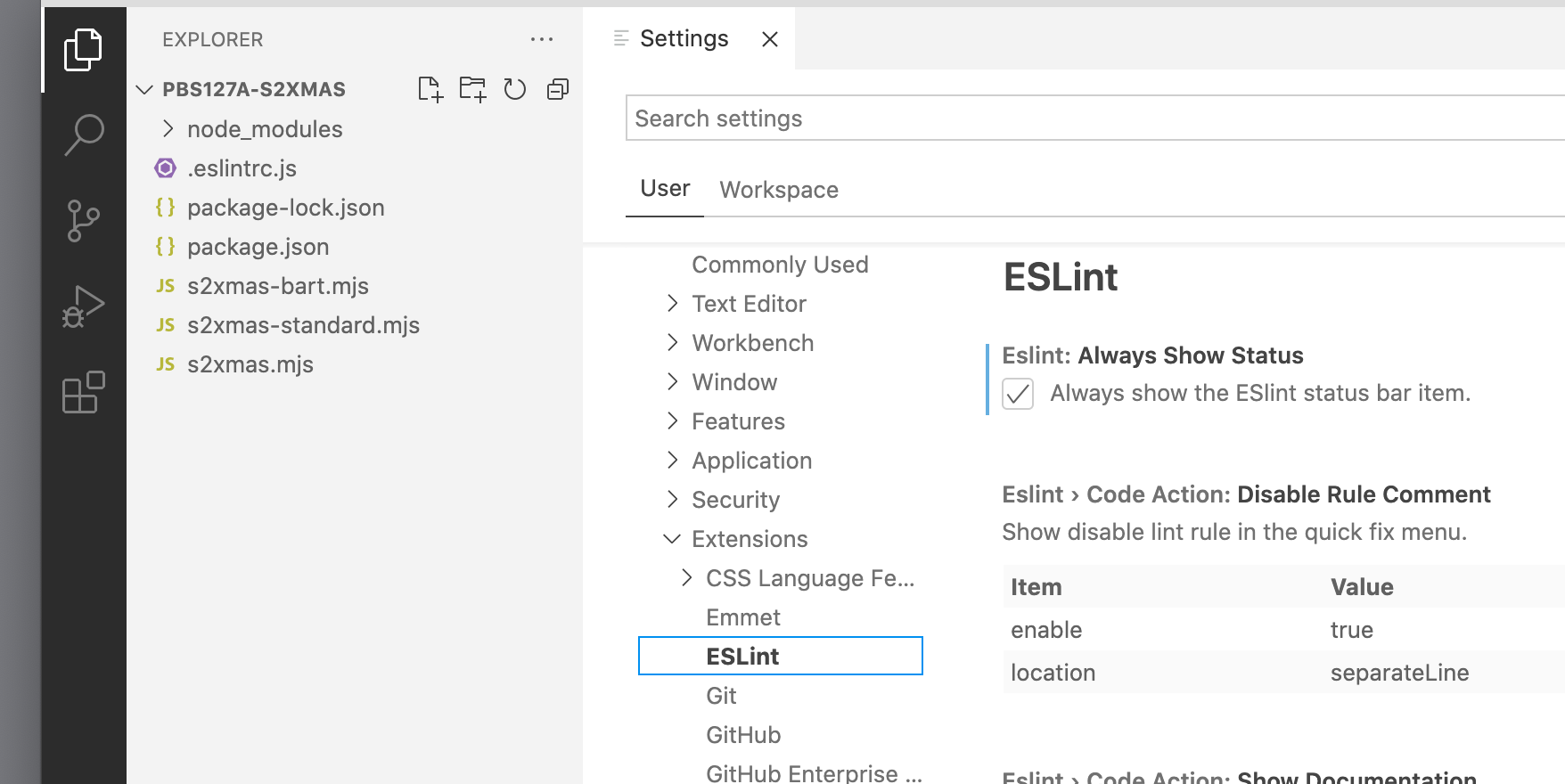 A screenshot showing the ESLint settings