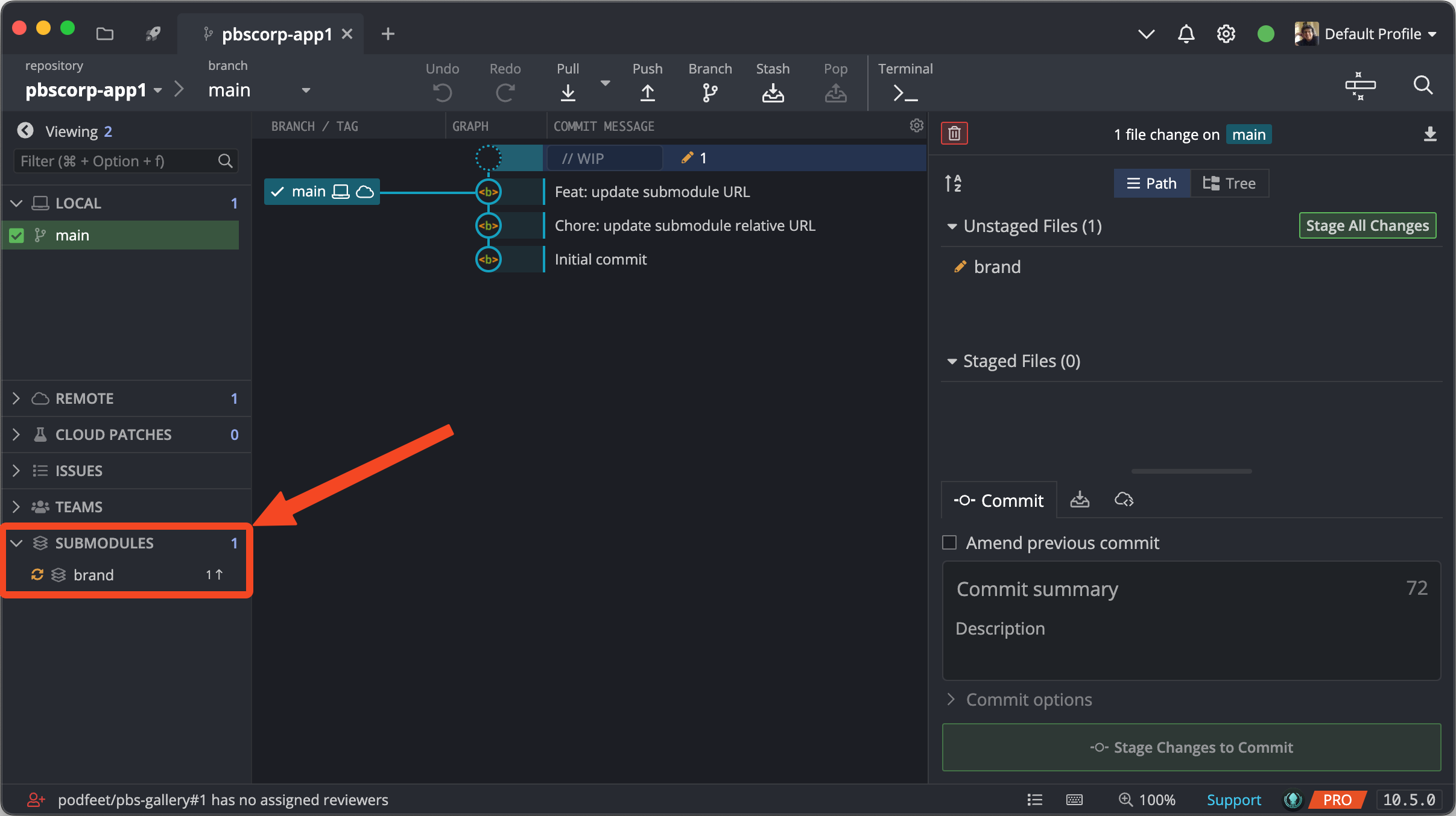 GitKraken GUI showing submodule in bottom left opened with Brand inside