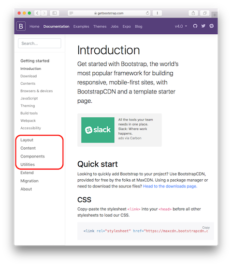 Screenshot of the Bootstrap 4 Docs with most important links highlighted