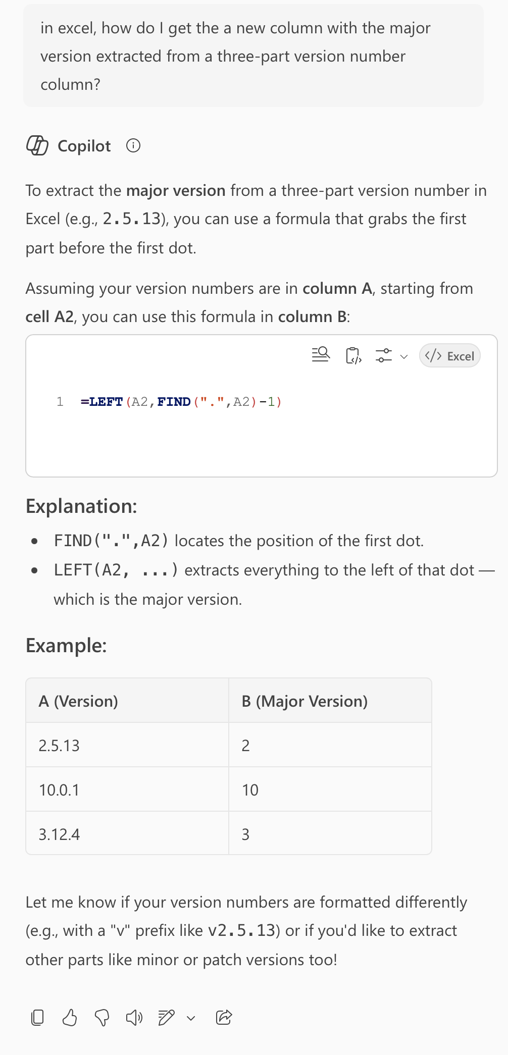 A conversation with Microsoft 365 Copilot showing my initial Excel question and a detailed answer including a correct formula and an explanation of how it works