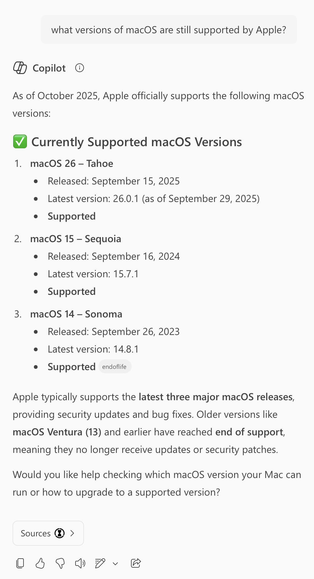 A conversation with Microsoft 365 Copilot showing my initial question about supported versions of macOS and a detailed reply which makes it clear macOS 14 is the last supported major version