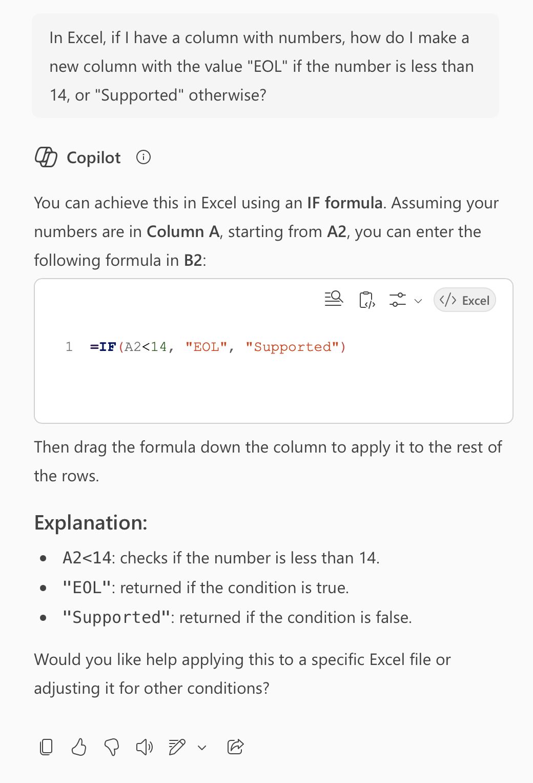 A conversation with Microsoft 365 Copilot showing my initial Excel question and a detailed answer suggesting a reasonable looking formula an explanation of each term