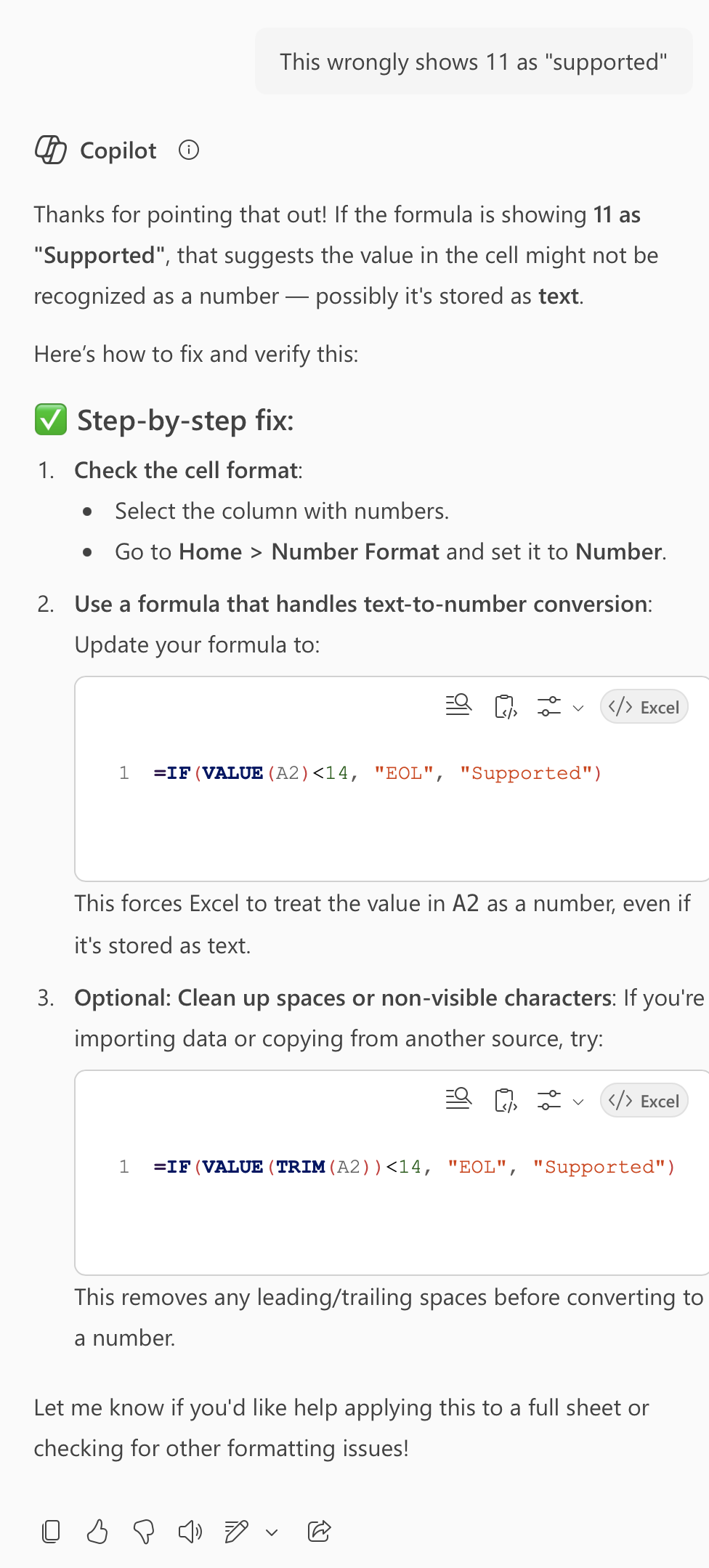 My reply in a Microsoft 365 Copilot conversation explaining why a previously suggested formula does not work, and a detailed reply suggesting a root cause and offering three suggestions to try with explanations for each