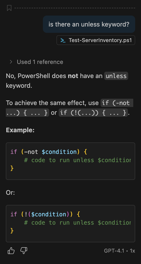 A conversation with GitHub Copilot showing my question about the unless keyword and a very clear answer explaining there is no such keyword and suggesting workaround workarounds