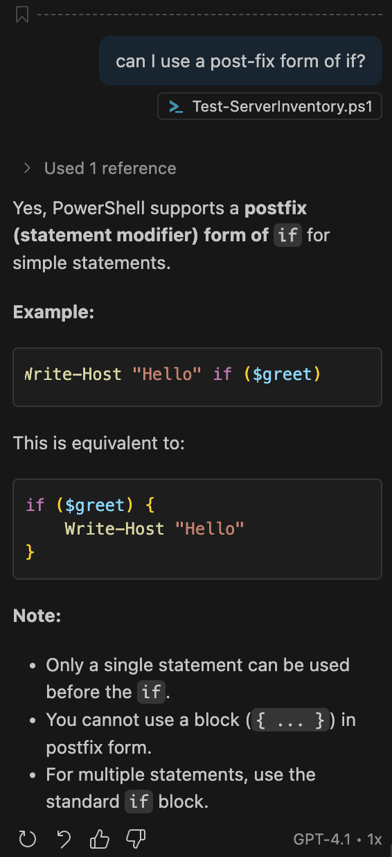 A conversation with GitHub Copilot showing my initial questions about post-fix 'if' and a detailed and plausible-looking answer complete with sample code snippets