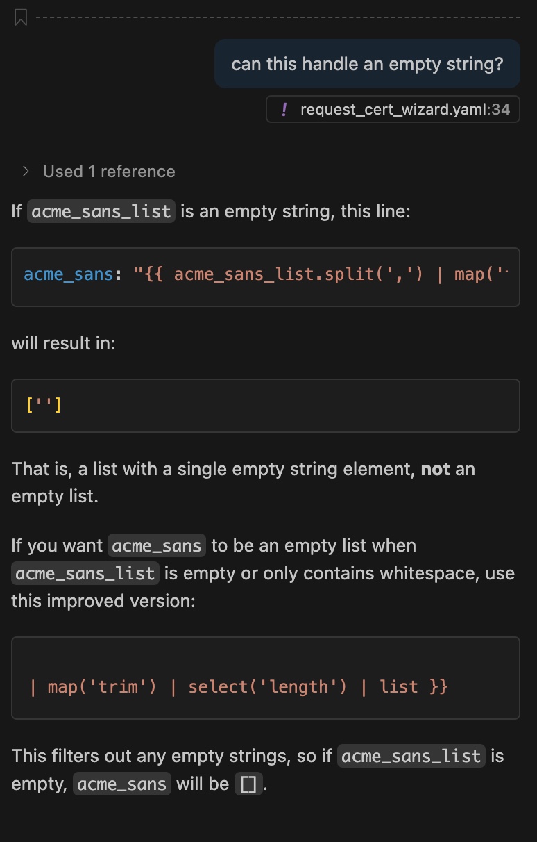 A conversation with GitHub Copilot asking if a selected line of code can support empty strings and a reply explaining what the code will do when presented with an empty string. The reply clearly shows that the bot does not 'think' the code as-is behaves in a desirable way, so it also offers some suggested improvements