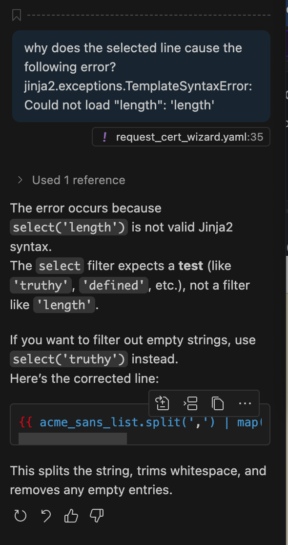 A conversation with GitHub Copilot showing my intial question asking why the selected code produces the provided error with a detailed reply explaining the error's cause and offering possible solutions
