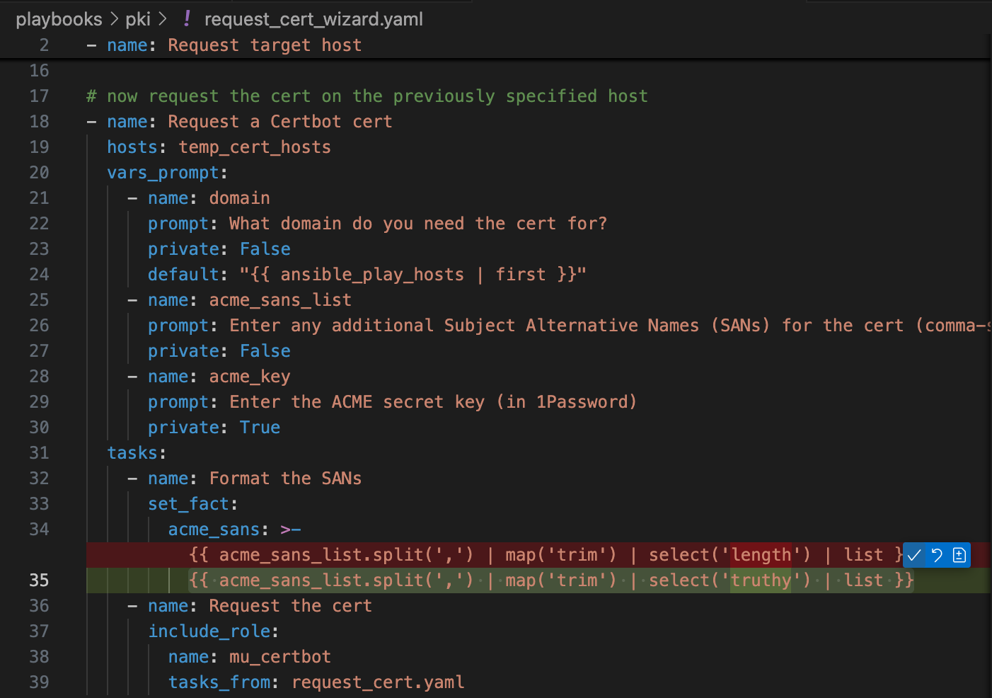 A VS Code screenshot showing a suggested change — the old line of code in shown in red, the suggested replacement below it in green, and a hovering toolbar providing buttons to accept or undo the change