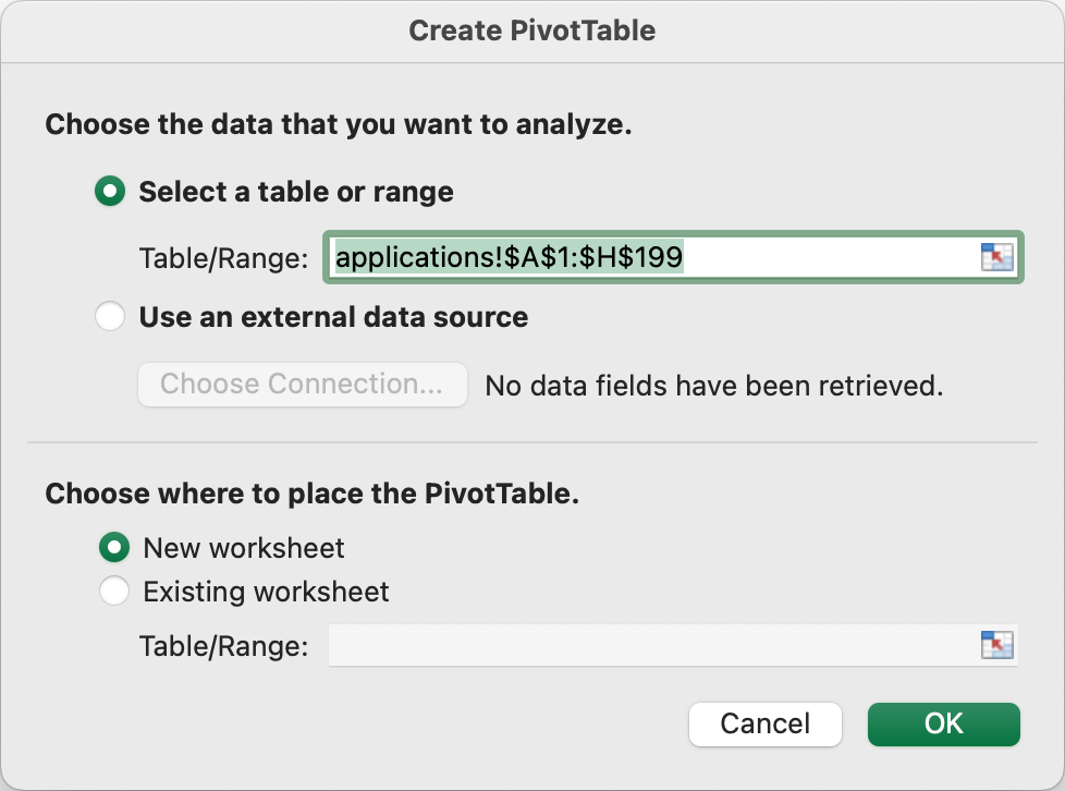 Create pivot table popup window