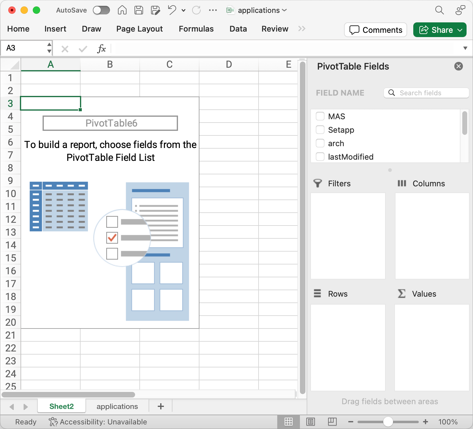 empty pivot table and fields on the right