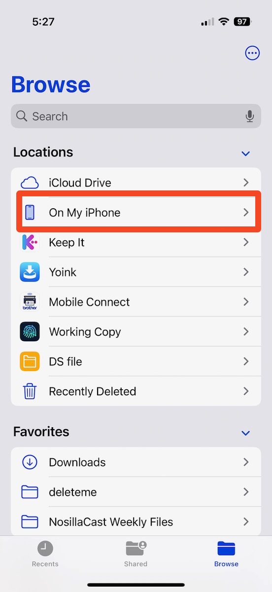 Open iOS Files app and select on my iPhone iPad