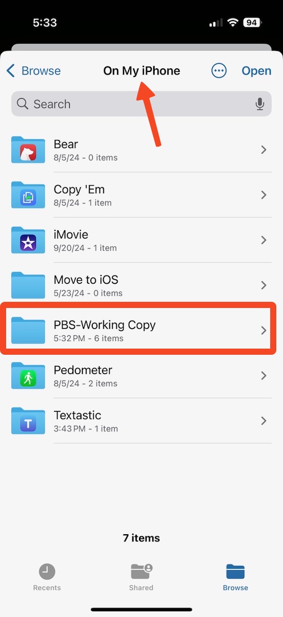 Navigate to Files and on my iPhone and select the repo folder