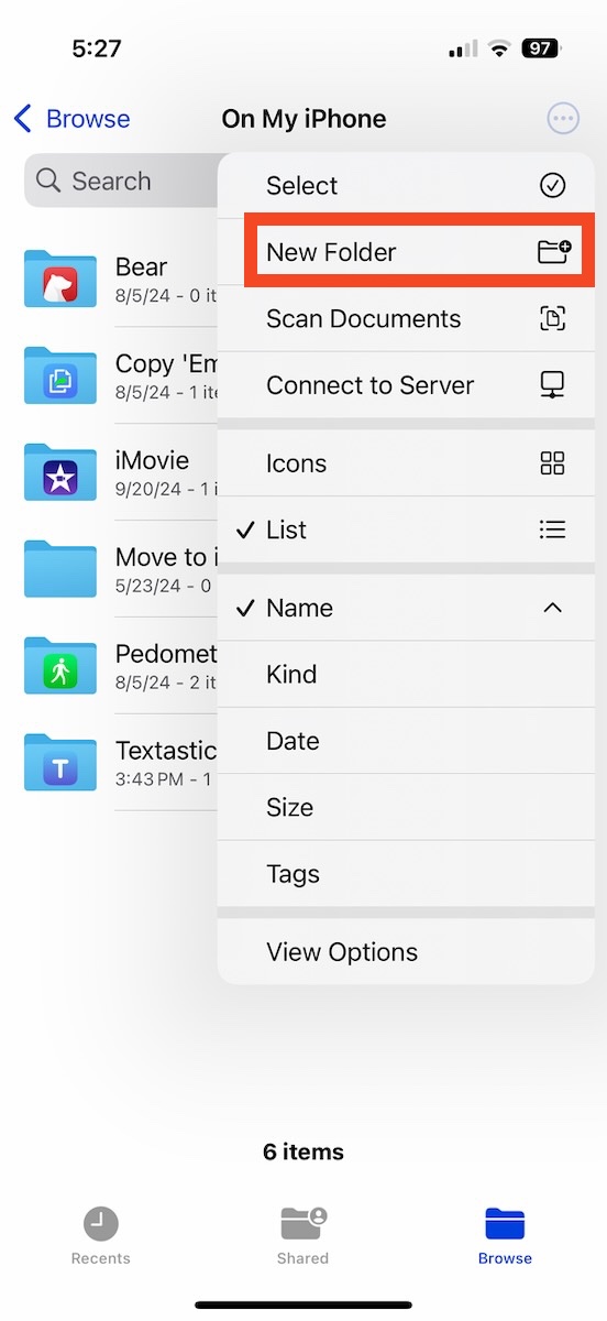 Create a new folder in the iOS Files app