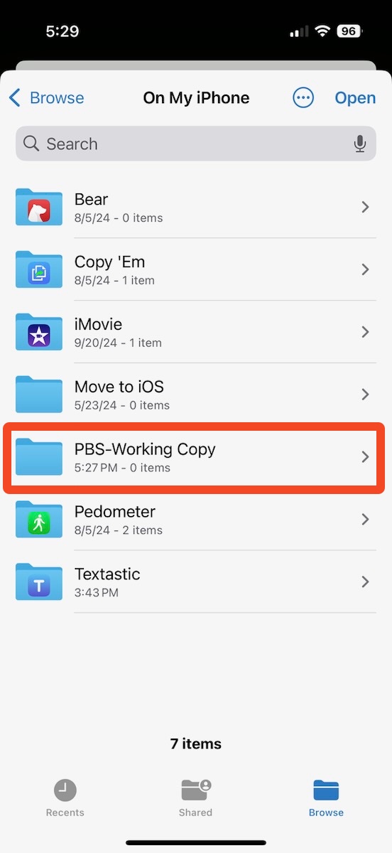 Select the folder on your device that you created earlier