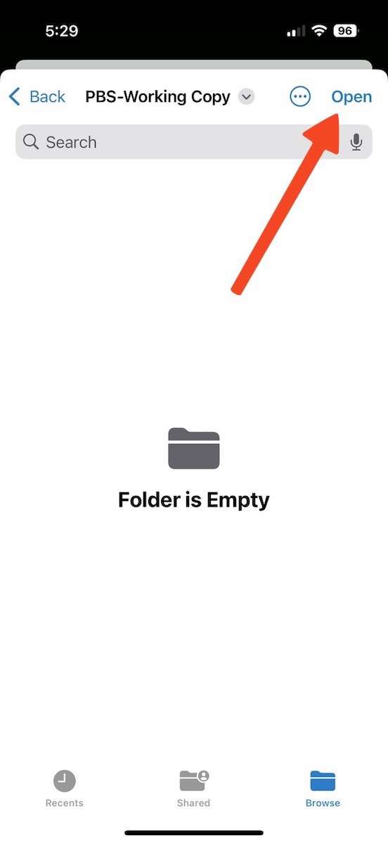 Select Open and note folder is currently empty